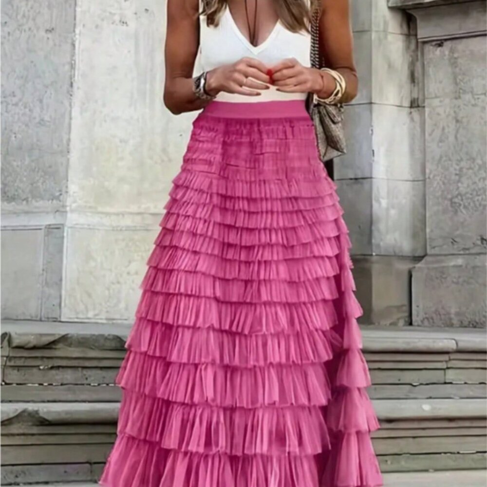 Hot Pink Casual French Women's Elegant High Waist Mesh Tulle Puff Long Skirt - Picture 4 of 4